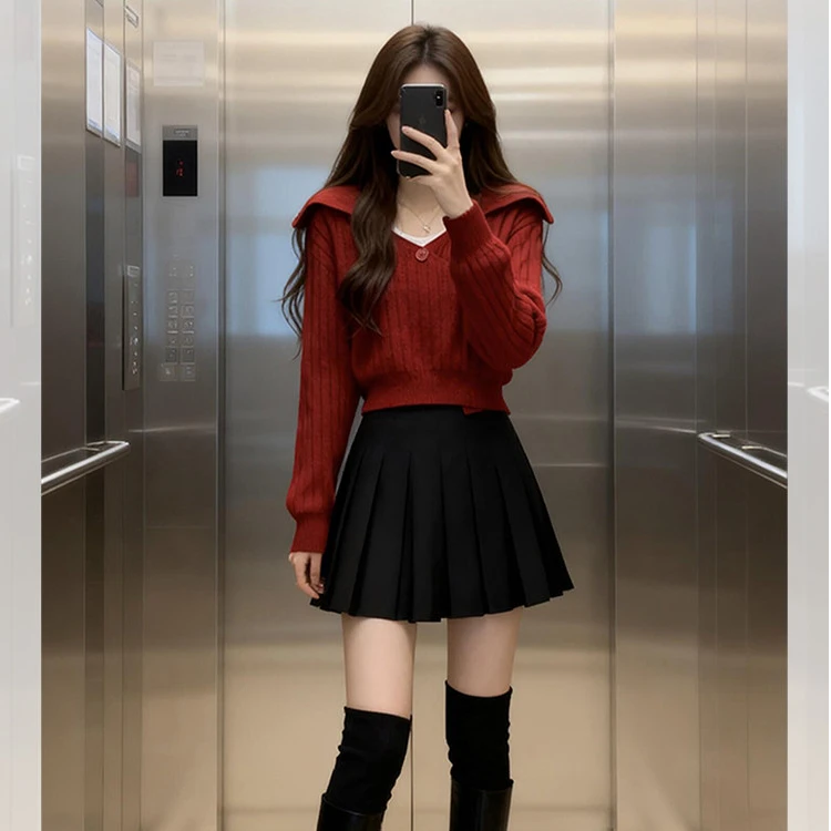 韩式早秋穿搭宽松软糯慵懒风毛衣多巴胺巨好看红色小香风针织衫女