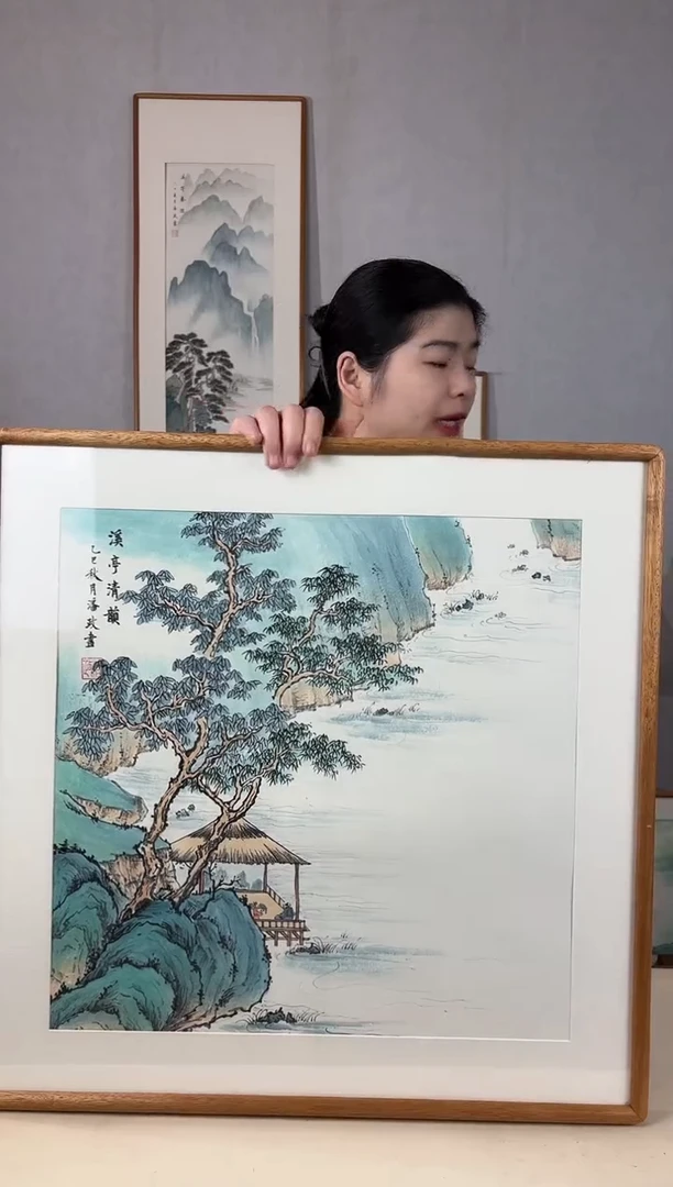 国画手绘*溪亭清韵*62*62cm实木框