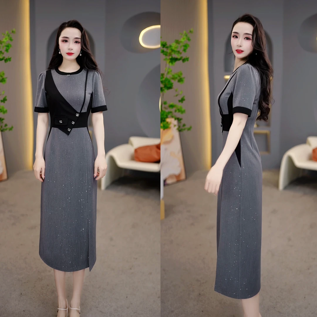 2025春季新款灰黑拼色中袖高级质感设计感连衣裙M-4XL