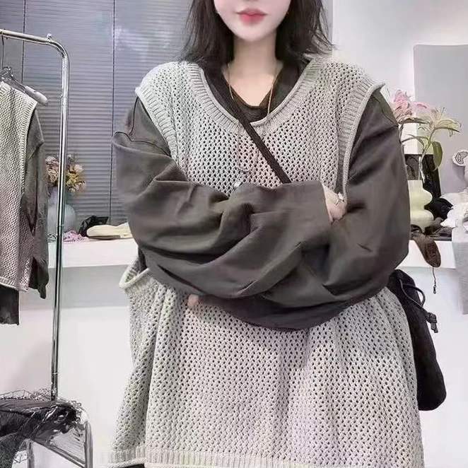 镂空不褪色套头毛针织衫户外秋季黑咖内搭两件套休闲