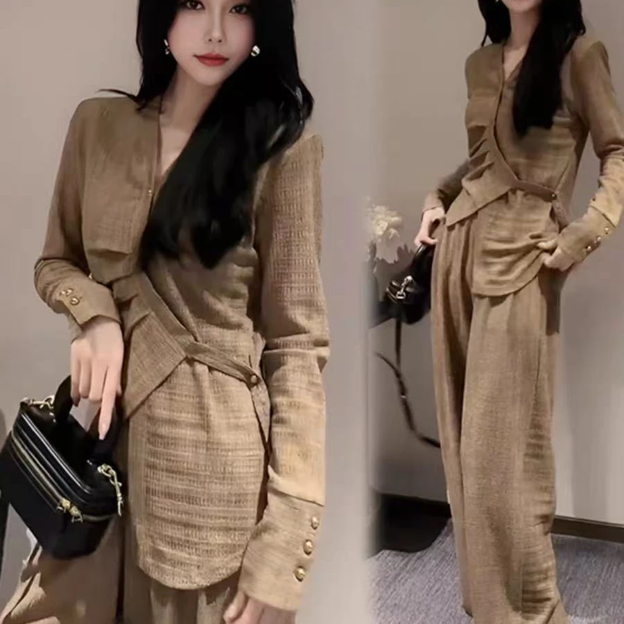 D3286早秋轻熟风气质高级感美拉德衬衫+阔腿裤两件套套装