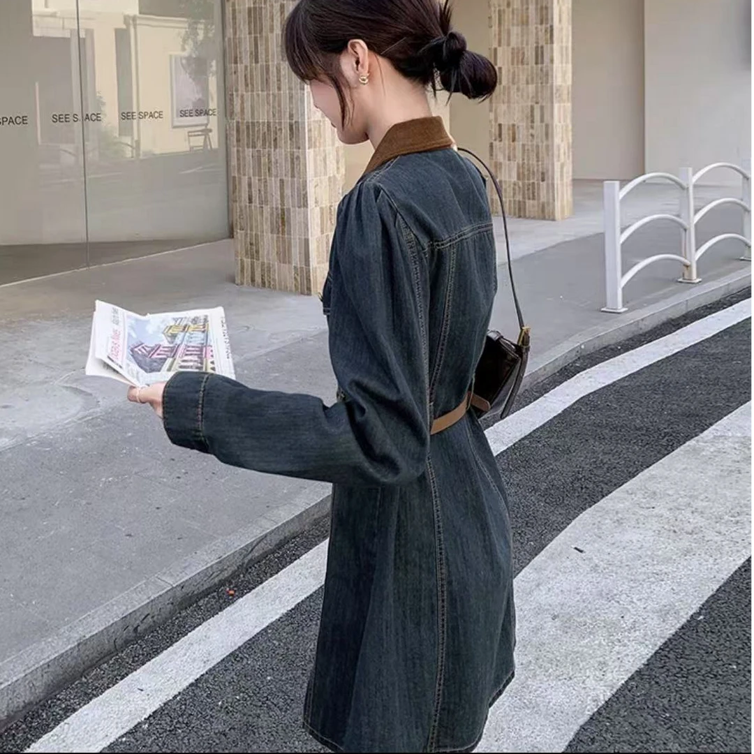 咖色领长袖连衣裙#气质网红春秋显瘦长袖牛仔宽松中长款韩版秋季