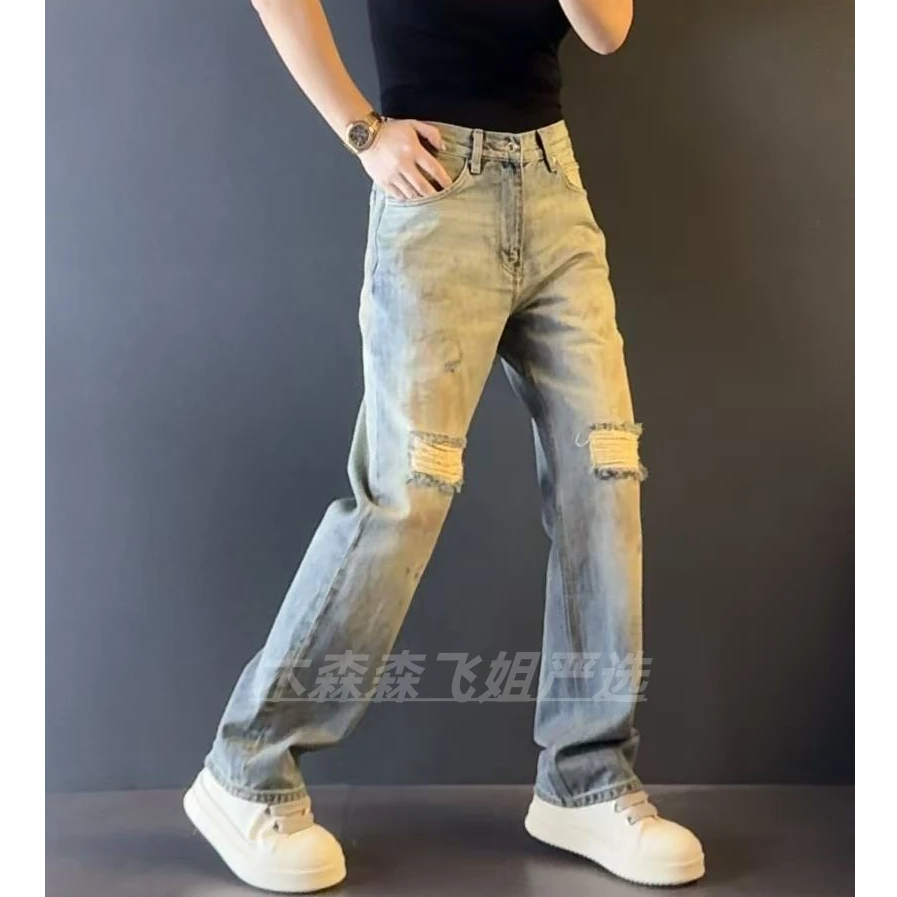 男士脏脏破洞阔腿牛仔裤3115秋冬重工刮烂免洗脏脏手擦破洞牛仔裤