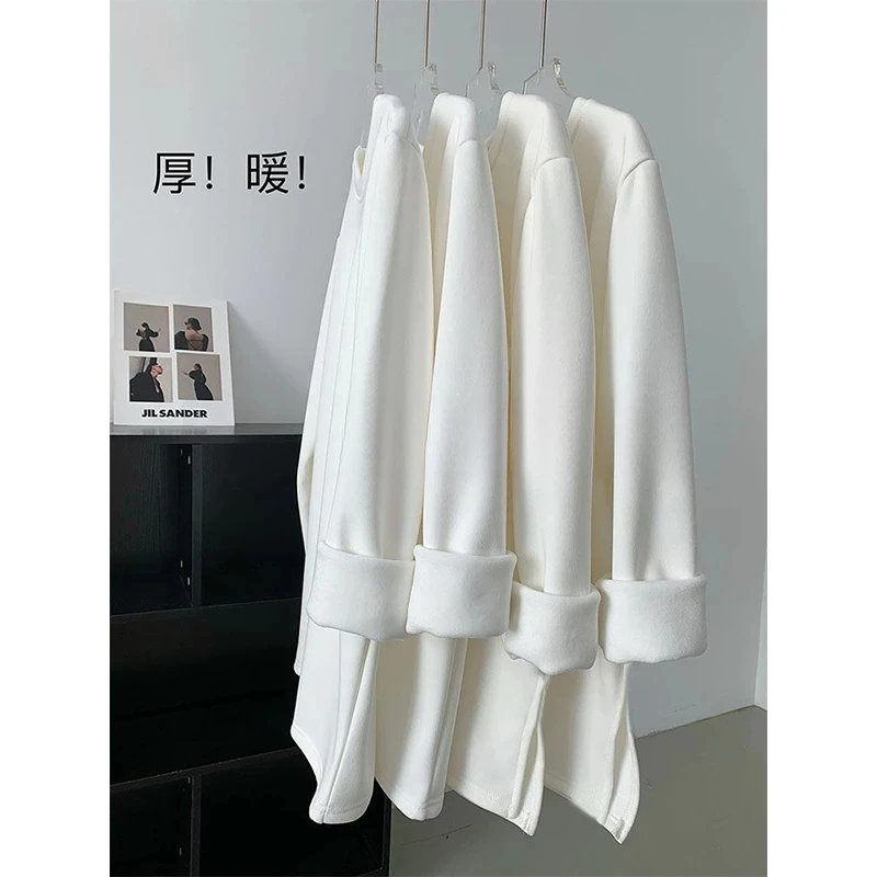 开叉t恤加厚保暖白色女秋冬宽松中长款长袖打底叠穿德绒加厚上衣