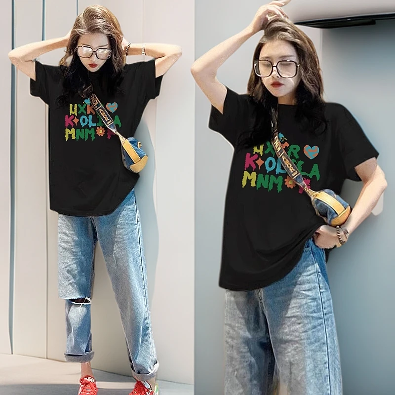 纯棉夏季新款休闲时尚潮流印花舒适百搭显瘦宽松T恤中长款打底衫