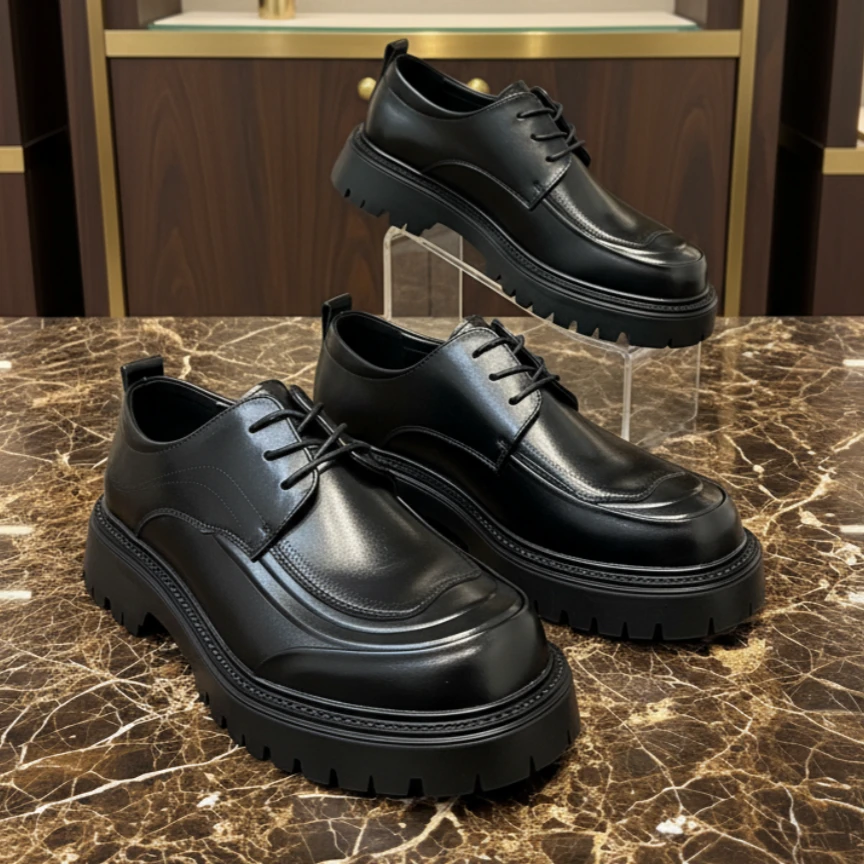 四季高级感商务休闲手工厚底增高男鞋系带英伦风潮流男士小皮鞋