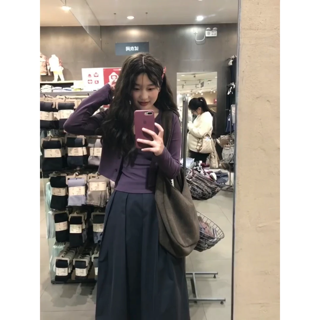 熠治洋气时尚穿搭女春季时尚气质紫色针织开衫背心吊带半身裙套装