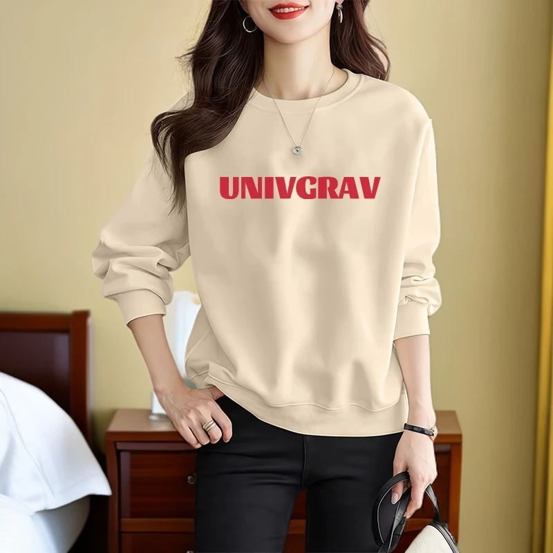 2025春秋杏色字母印花简约大气潮流宽松舒适百搭圆领加绒加厚卫衣