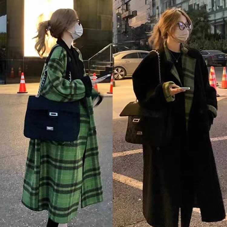 洋气两面穿中长款大衣2025欧美风过膝绿色格子毛呢外套 #1919