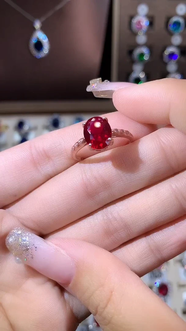 银S925镶嵌戒指红宝石810酒红玫瑰金