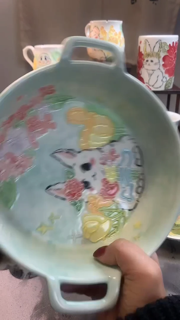 一味*手绘*百花兔盘