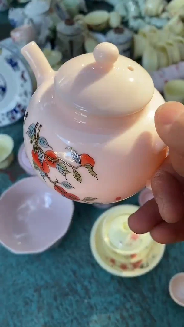 摆件陶红稀土柿柿如意茶壶