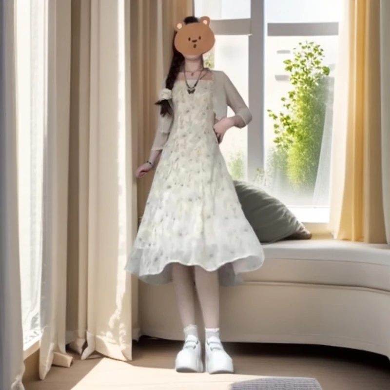 森系甜美温柔风超仙气质吊带碎花连衣裙女夏夏防晒开衫长款两件套