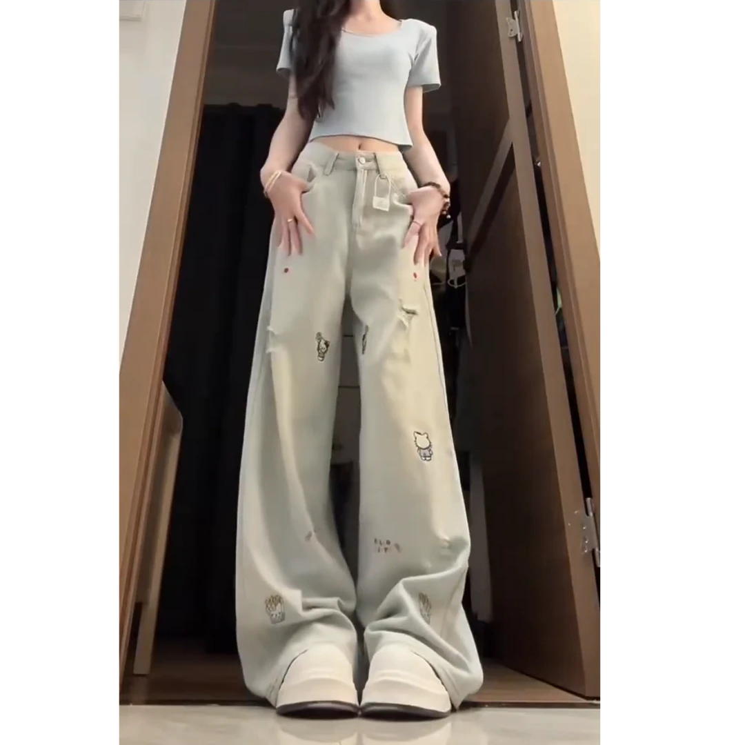 2025夏季T恤美式街头设计感刺绣趣味KT阔腿牛仔裤女高腰拖地长裤