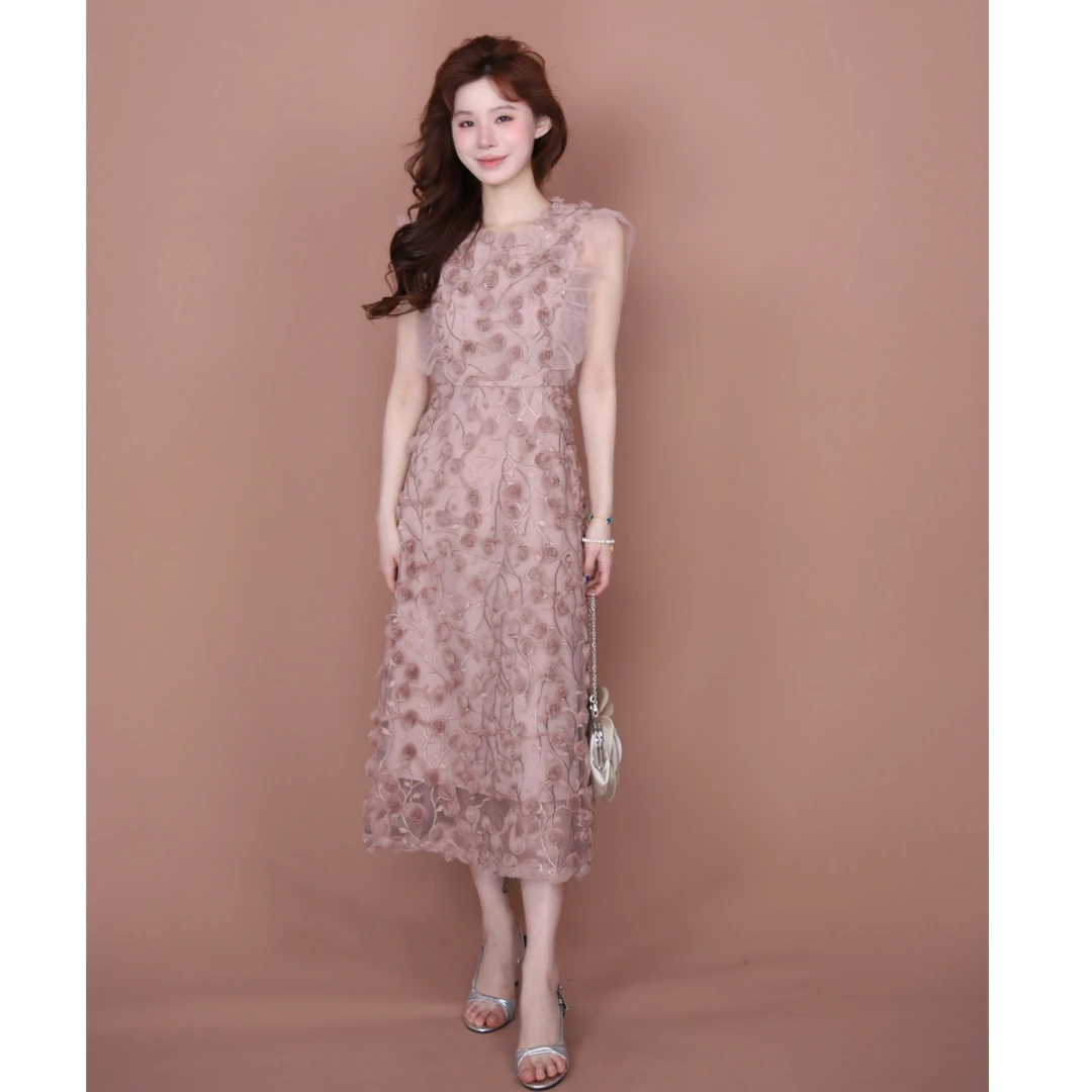 美静在这【云间诗画】立体盘花刺绣连衣裙新品飞飞袖长裙女XMZH7099