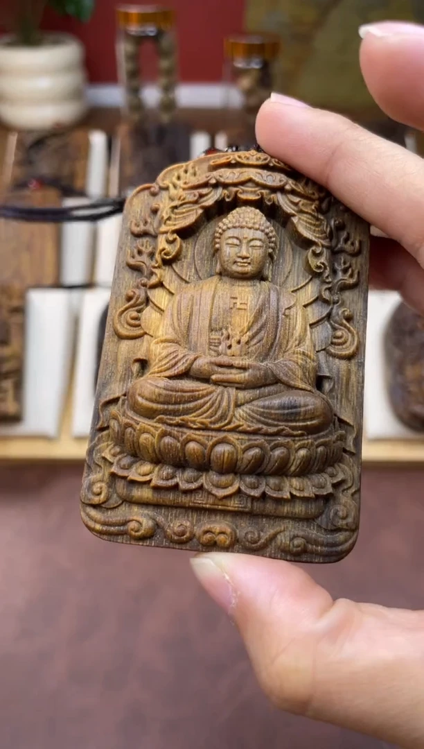 木木雕款十二生肖阿弥托佛双面雕刻 越南白棋8*5精工雕刻牌子