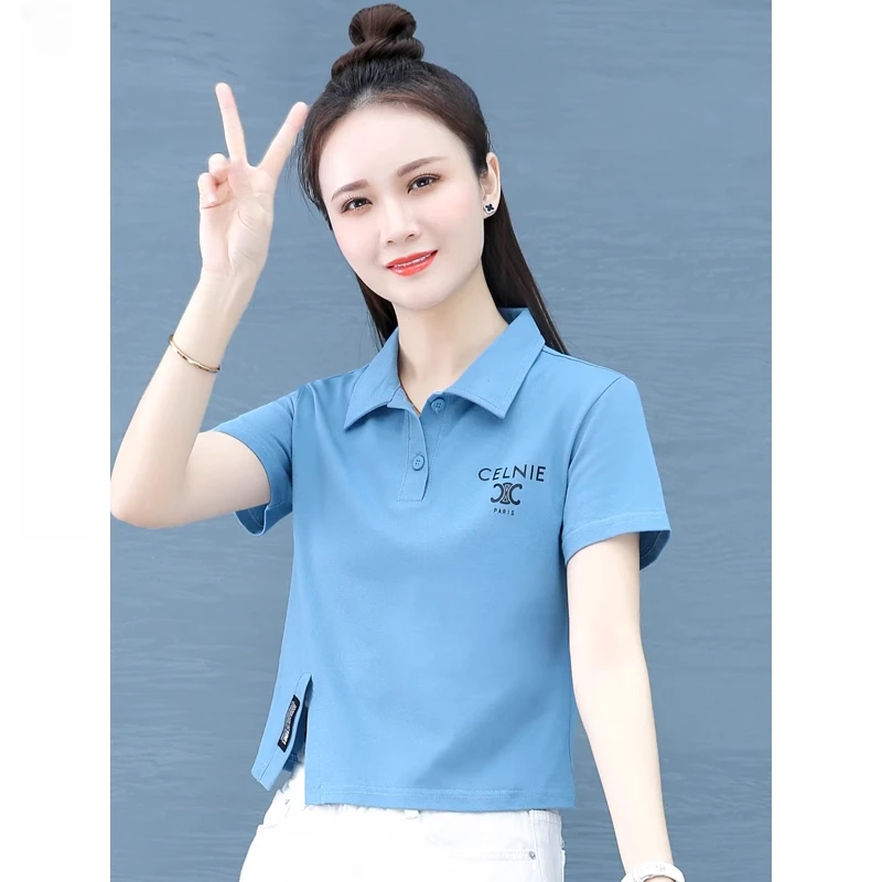 小个子短款高腰短袖t恤女翻领polo衫不规则半袖上衣2025新款夏装