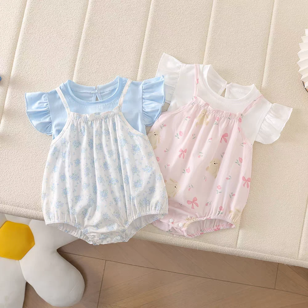 婴幼儿夏季薄款小清新女宝宝包屁衣吊带两件套分体短袖背带裤套装