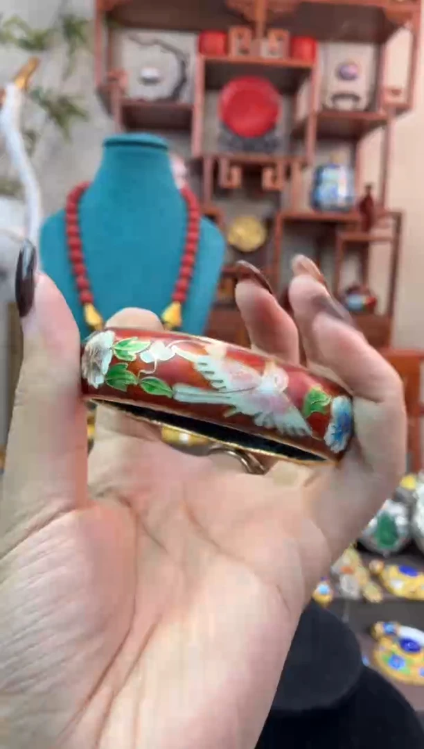 非遗手工景泰蓝开口银蓝镯子红色