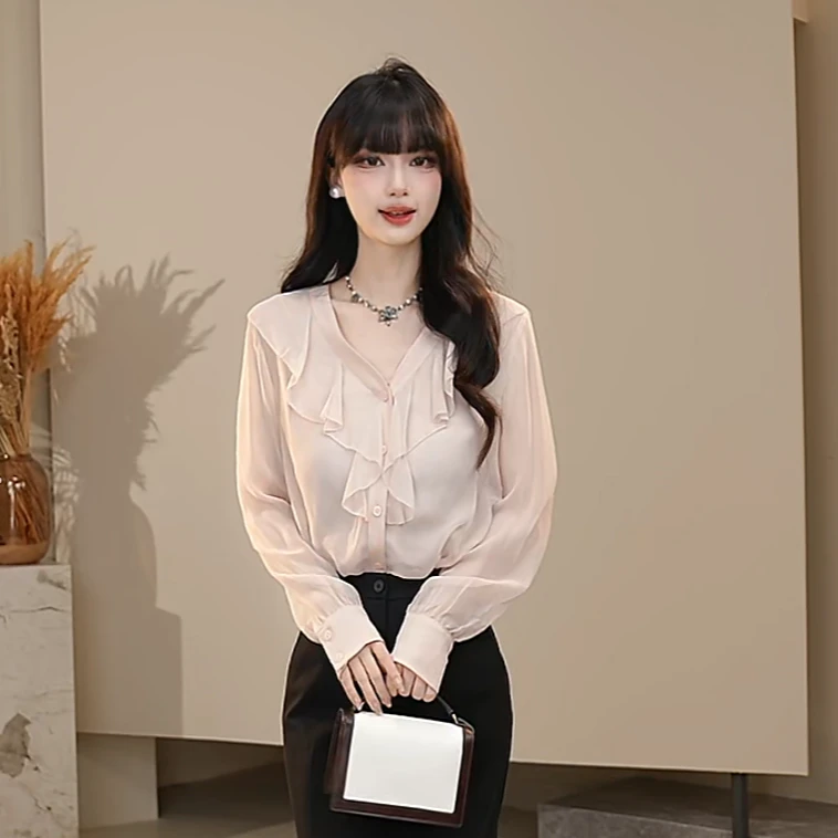 AMASS/阿玛施26早春简约舒适衬衣少女心微透百搭显瘦衬衫女530032