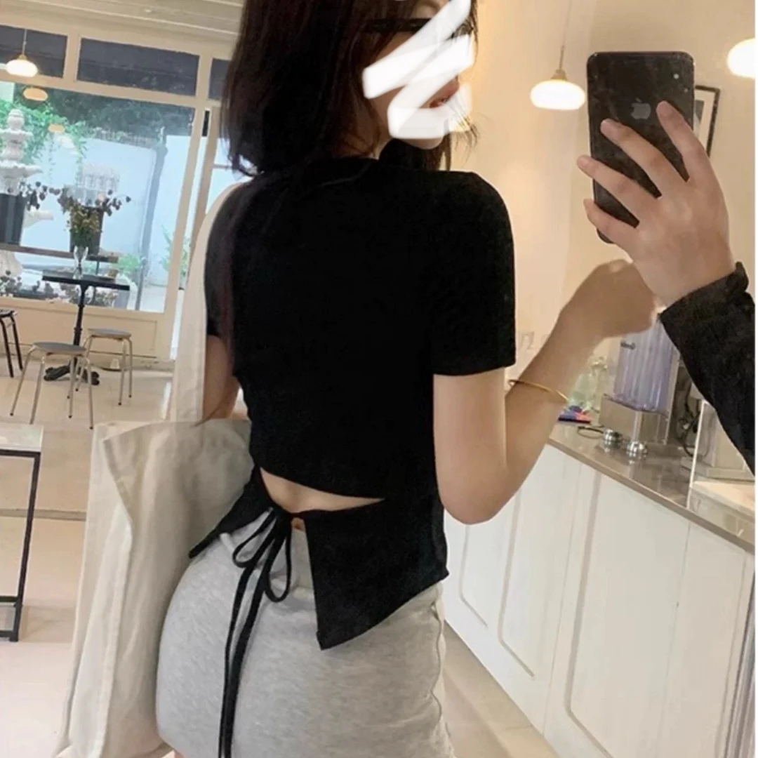 【小田】大码短袖T恤系带露腰不规则正肩修身纯欲显瘦上衣（99322）