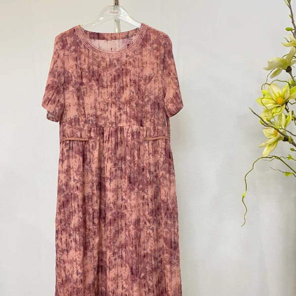 夏季气质碎花中长款紫色连衣裙洋气时尚短袖裙子L2952