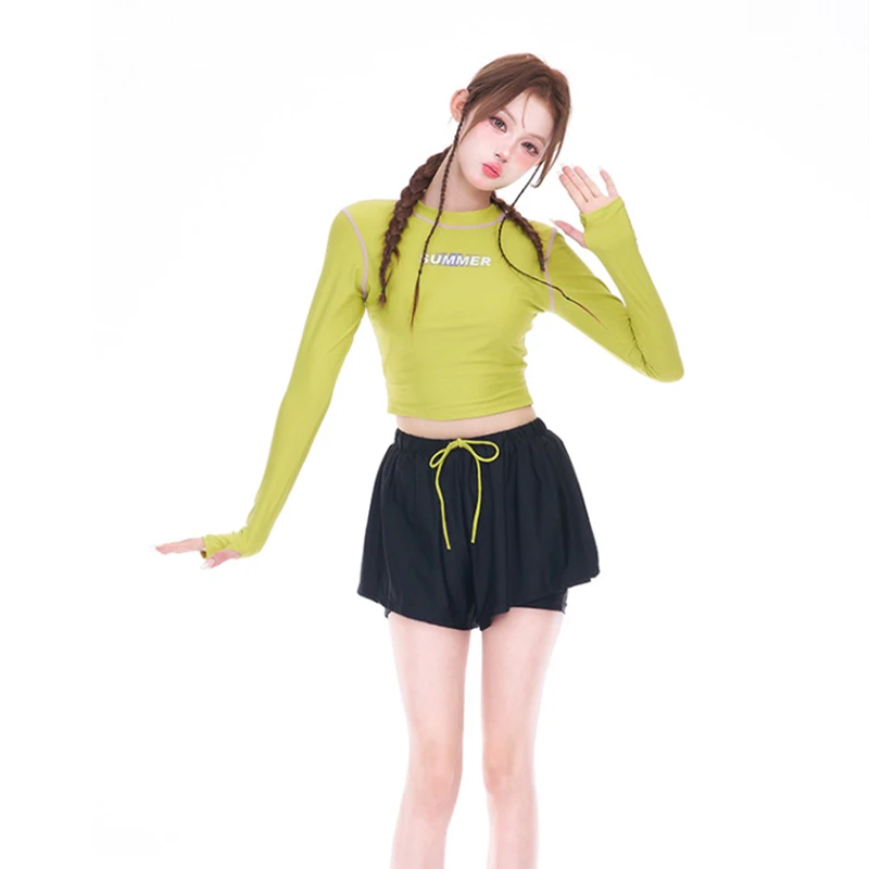 夏季高级感字母保守长袖分体裙式平角裤泳衣泡温泉泳装女