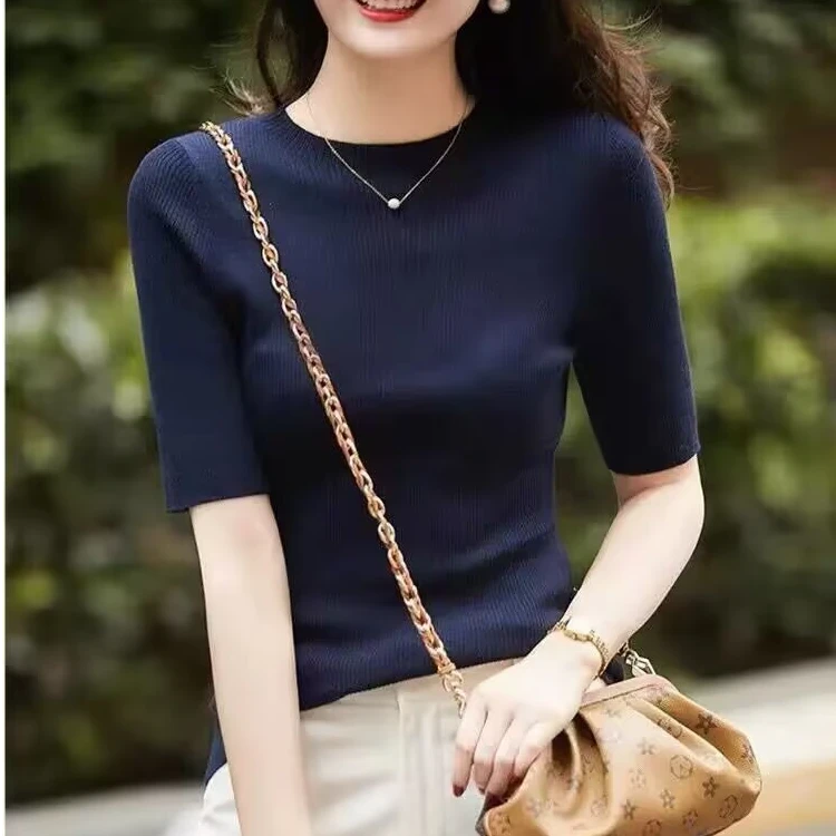 哥弟阿玛施正百搭夏季新款套头休闲修身通勤纯色针织衫圆领女上衣