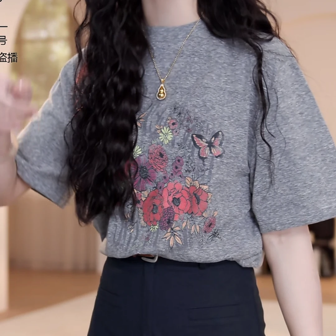 蝴蝶花印花短袖百搭夏季上衣T恤2025早春新款休闲百搭半袖
