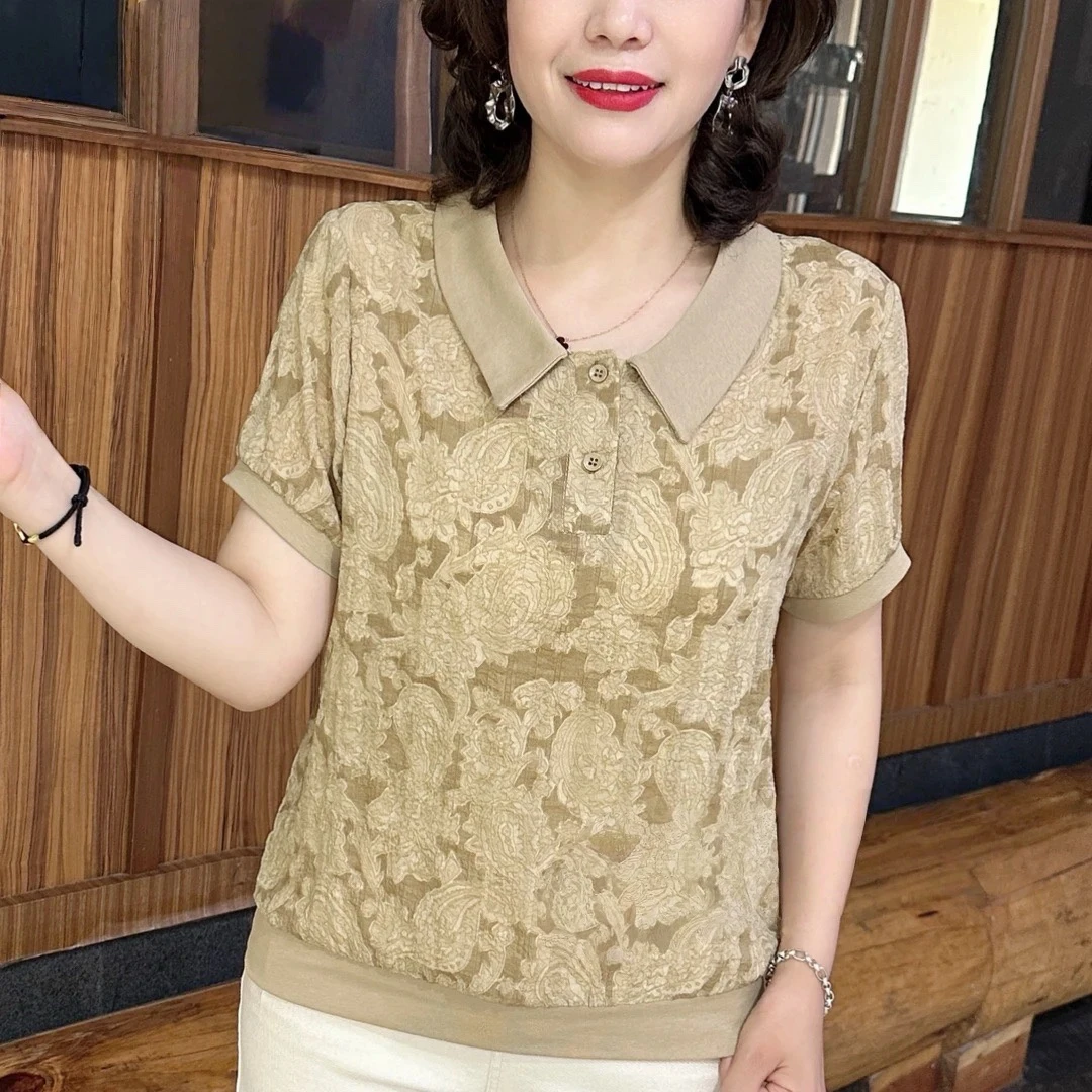 时尚中老年女装新中式显瘦t恤娃娃领减龄洋气百搭妈妈小衫