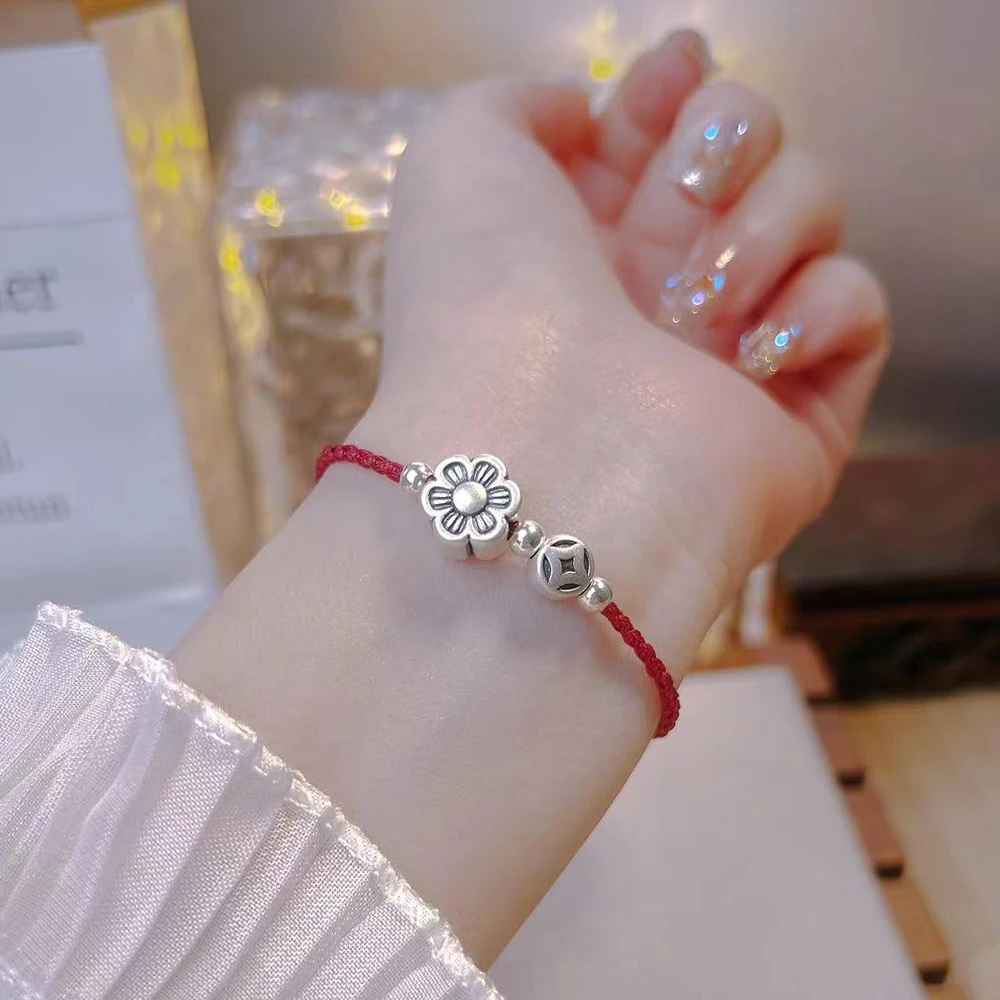 925银手链 『有钱花』纯银花朵手链女红绳本命年新中式小众礼物