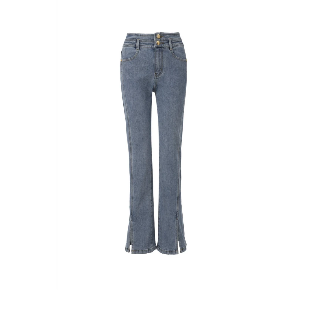 秋上新蓝色前开叉高腰微喇牛仔裤设计师款0057