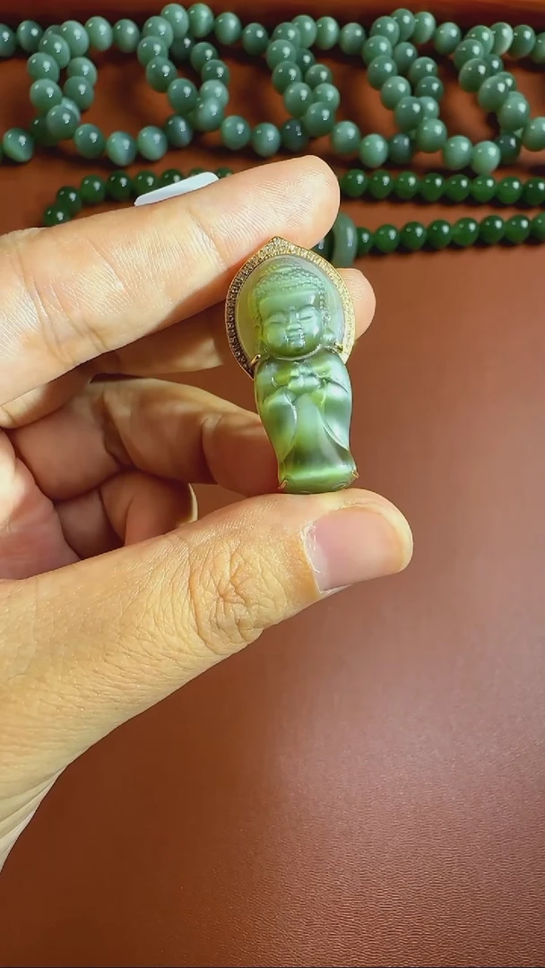 和田玉18K金镶嵌吊坠(不含链)18K金镶碧玉猫眼宝宝佛（大）