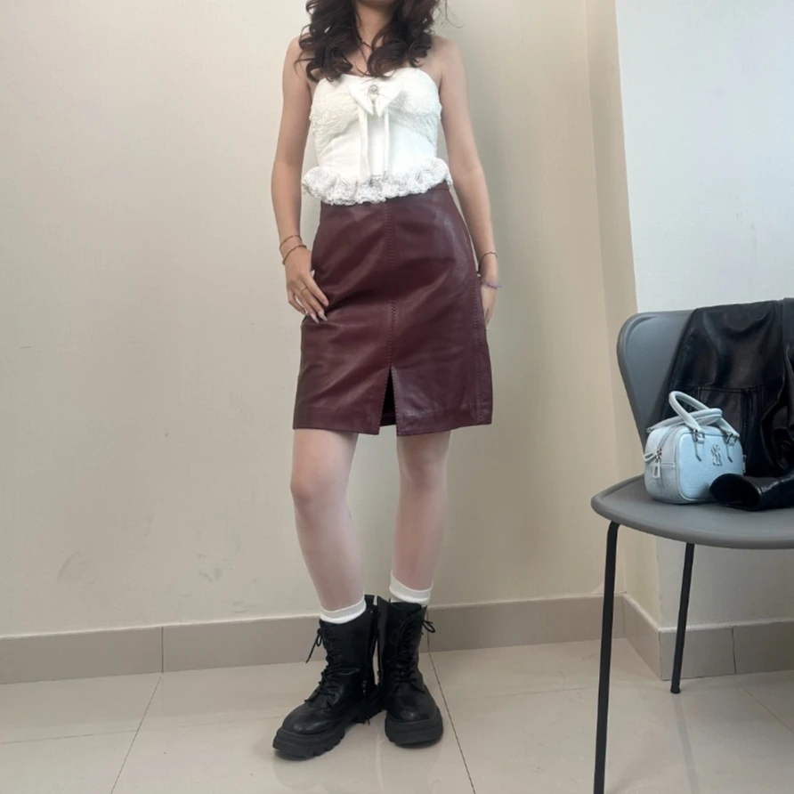 【堇色】欧货真皮植鞣绵羊皮短裙51公分高腰半身裙老钱风松弛感女装