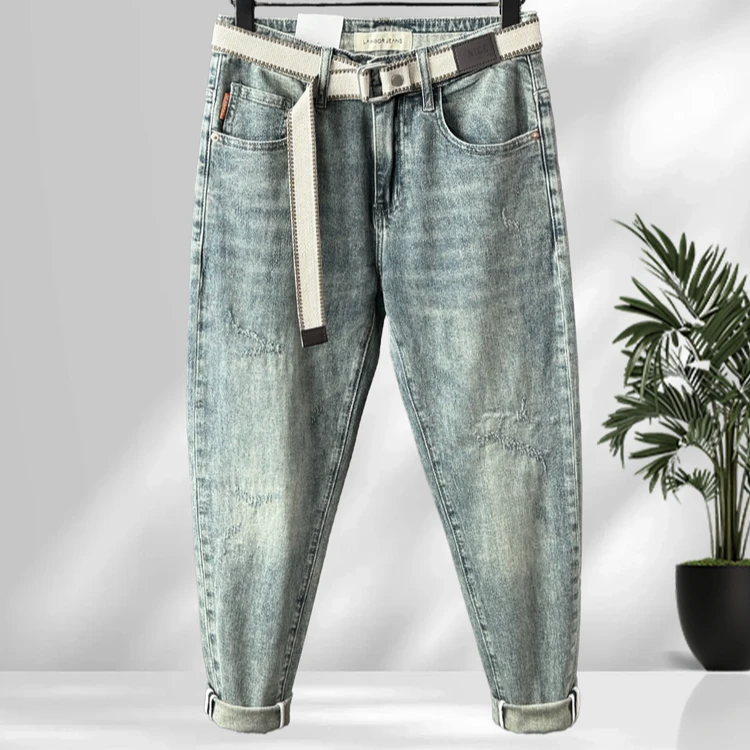 兰波高端猫须牛子裤男浅蓝色破洞小脚高端中腰薄款潮牌修身九分裤