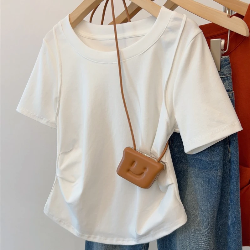 K大码女装正肩圆领t恤春夏新款胖妹妹纯色显瘦时尚百搭短袖上衣女