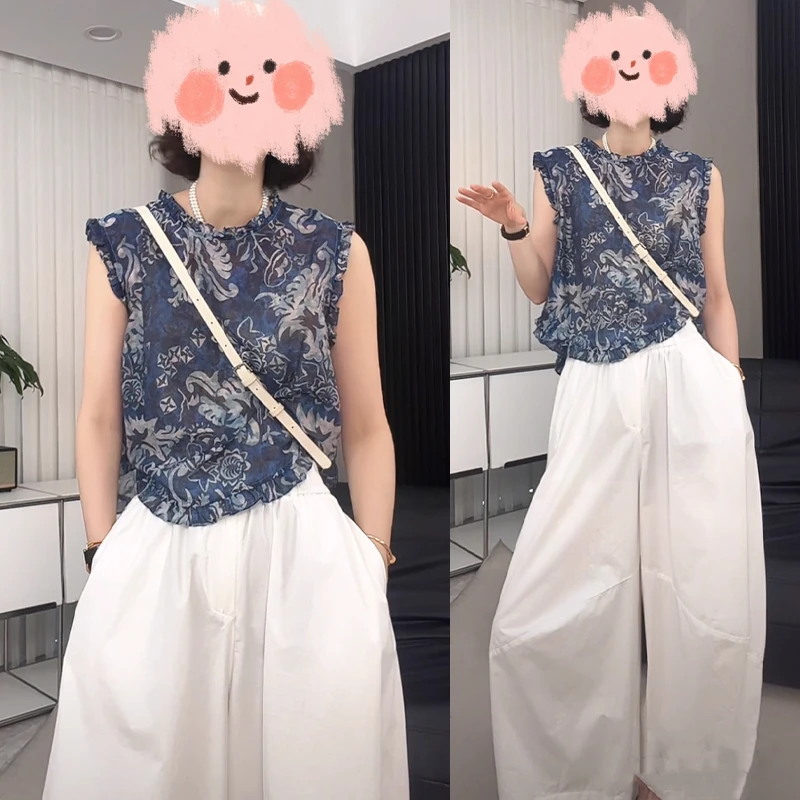 2025夏季新款百搭气球裤圆领木耳边拼接坎肩无袖背心花色衬衫上衣
