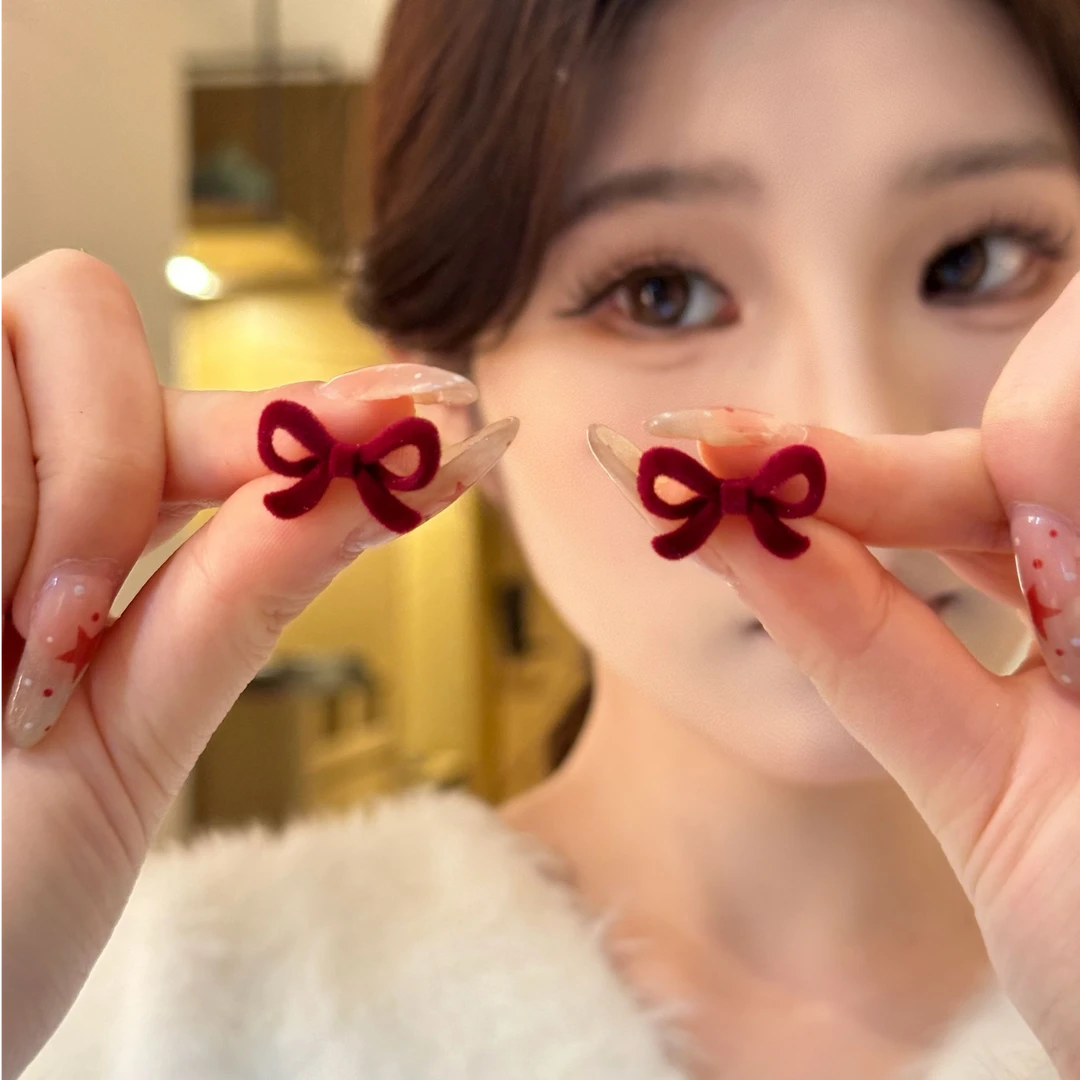 合金布艺耳饰 新年酒红色植绒耳环新年蝴蝶耳钉小众高级感耳饰女