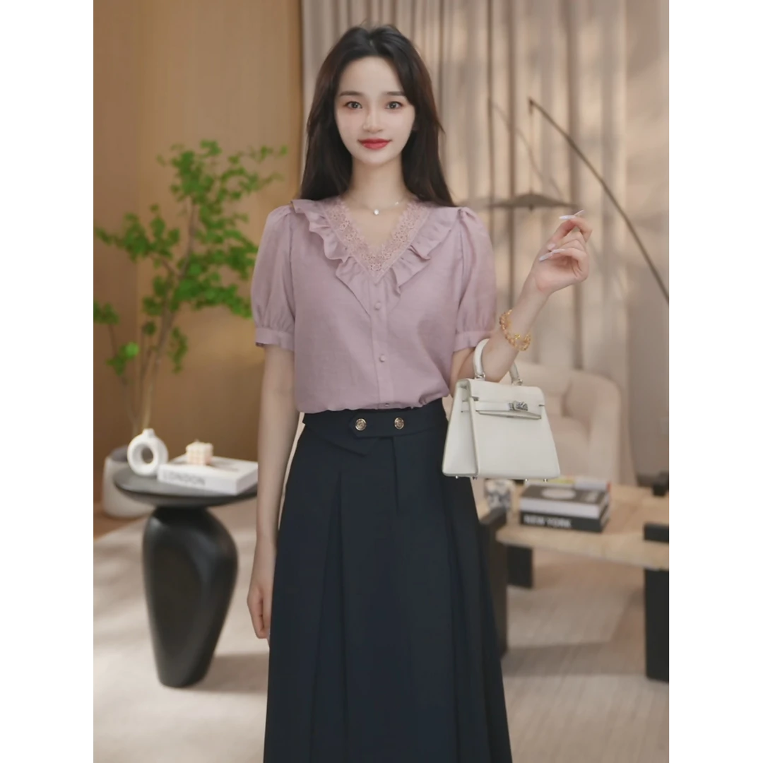 【曼贝】夏季新款蜜桃粉短袖气质通勤显瘦衬衫女8592316【佳莹】