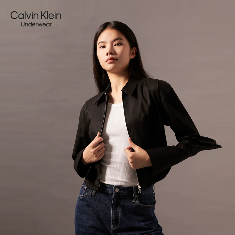 CK Jeans春秋女士休闲复古拉链翻领棉质微弹短款衬衫外套J223598