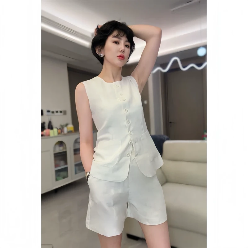 修身法式小香风马甲背心纯色短裤套装