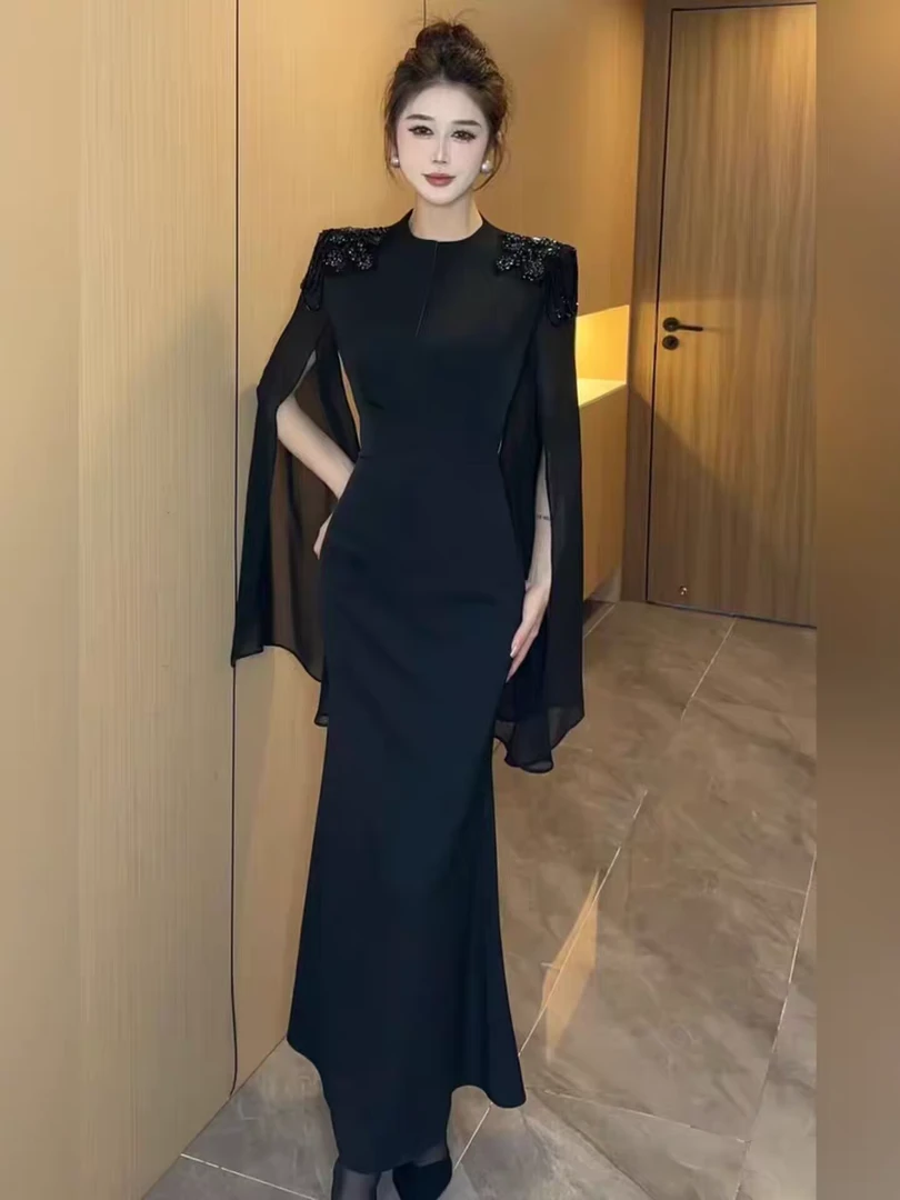 名媛气质时尚高级感收腰显瘦长款连衣裙春季新款黑色百搭披风裙子