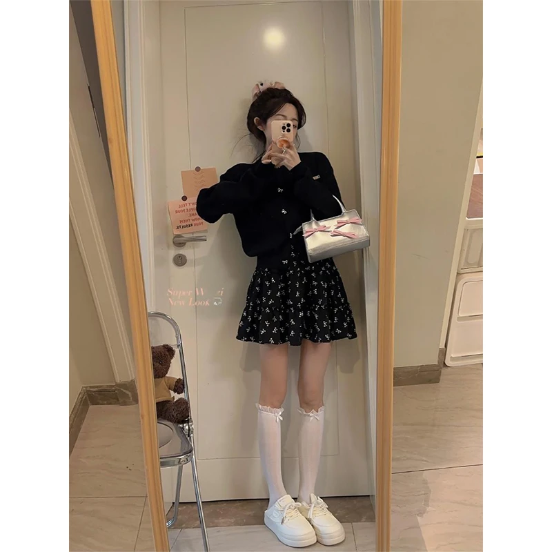 秋季套装女2025新款学院风甜美穿搭蝴蝶结针织衫搭配半身裙两件套