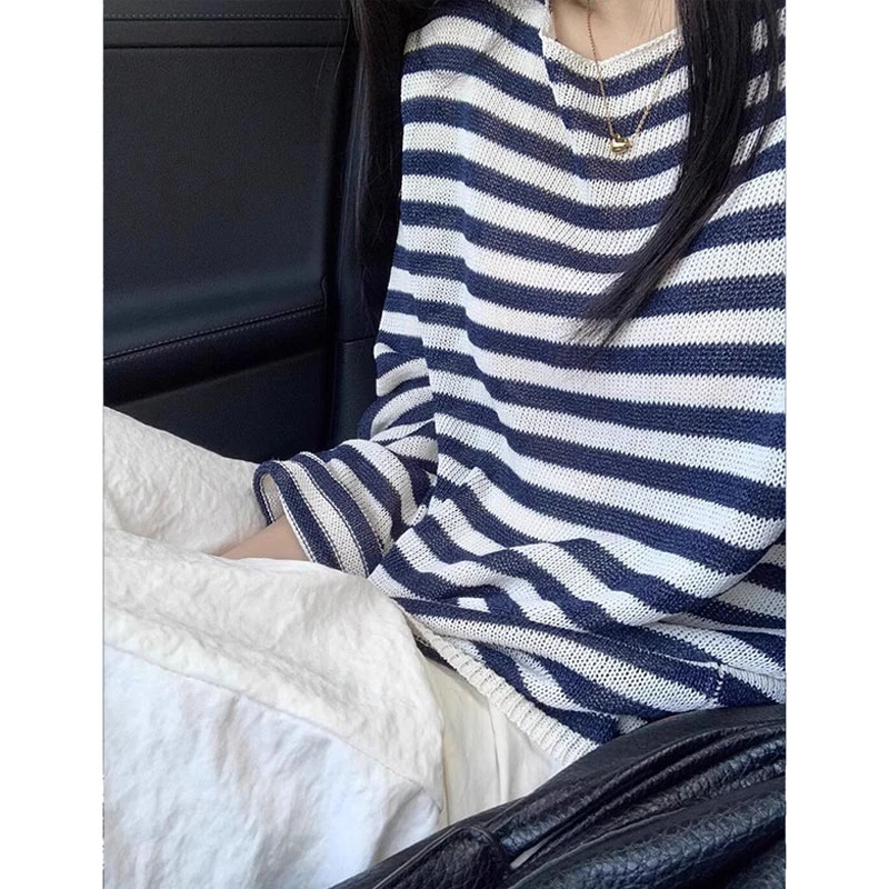 小个子条纹镂空针织防晒罩衫女夏日轻薄宽松百搭慵懒风空调衫上衣