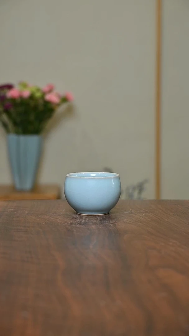 天青釉 手拉 缸杯 微瑕 朱家汝窑款 100ml