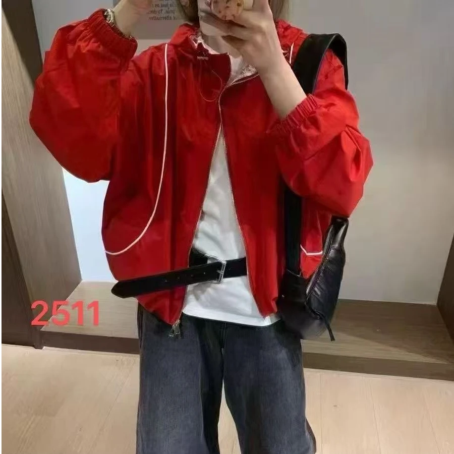 2025秋季新款蕾丝内里连帽上衣外套女宽松韩系夹克上衣百搭短外套
