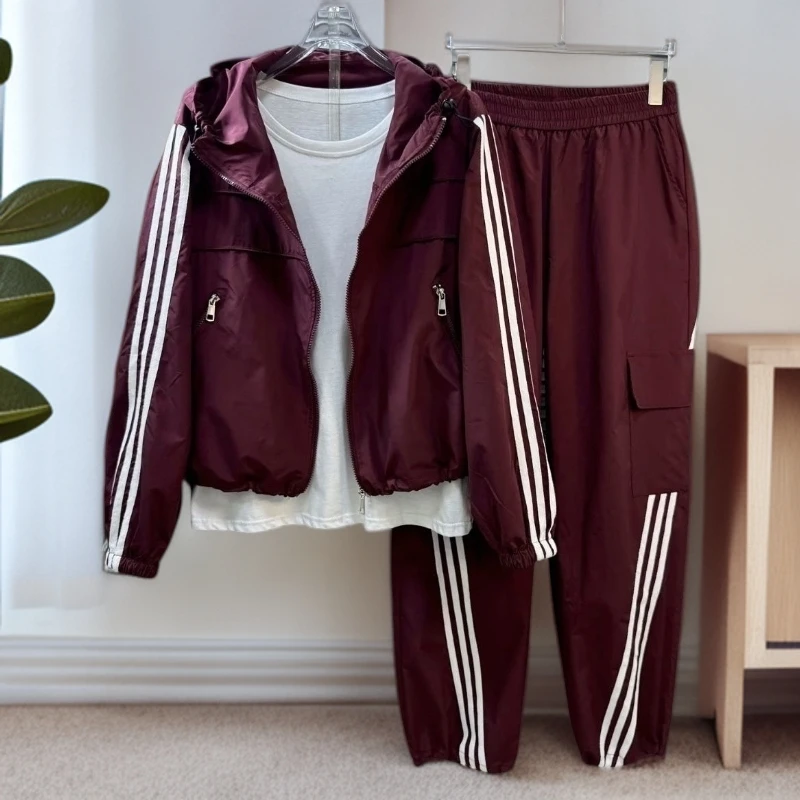 春秋街头洋气时尚工装条纹宽松外套+束脚裤套装减龄女装显瘦遮肉