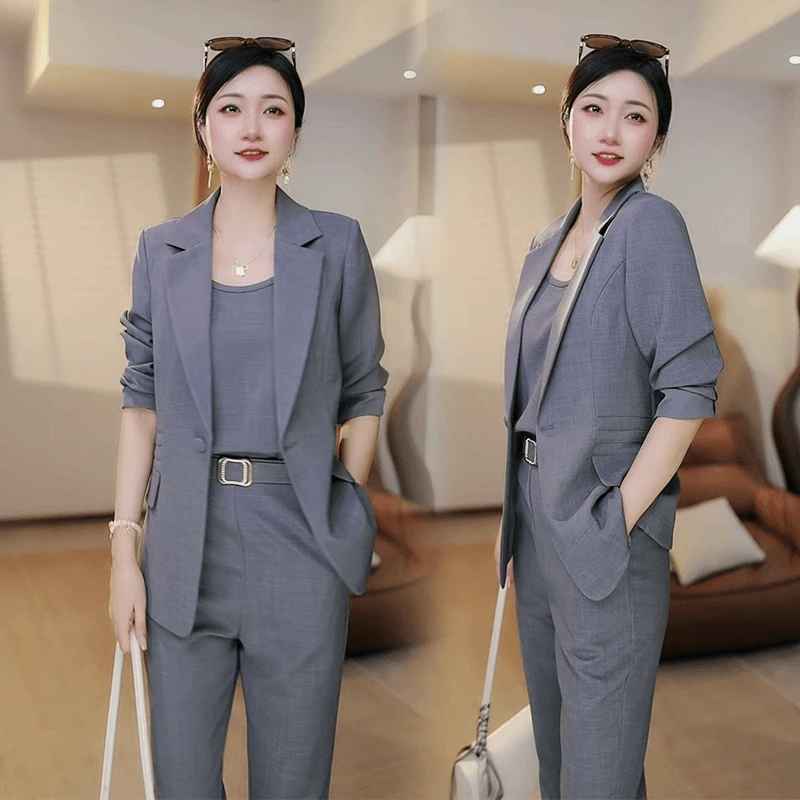 拉夏贝尔气质西装直筒裤时尚套装女秋季新款高级感职业装三件套