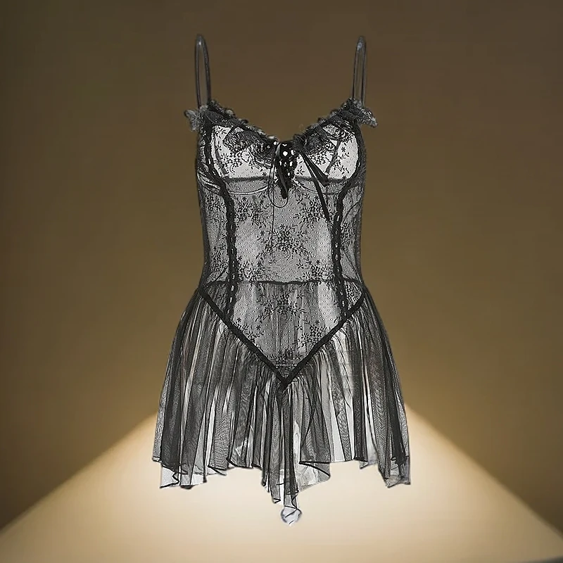 趣味女神性感吊带套装睡衣约会制服内衣性情调透明黑色黑丝小胸