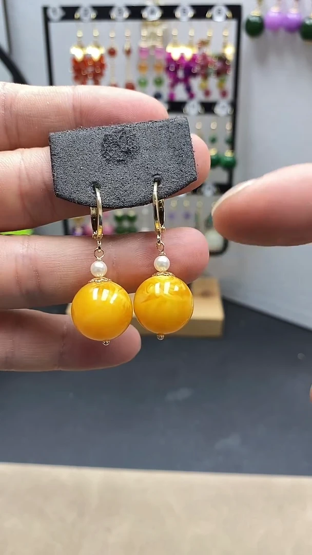 【闪购商品】蜜蜡耳饰银S925镀金镶嵌尺寸16mmZ6